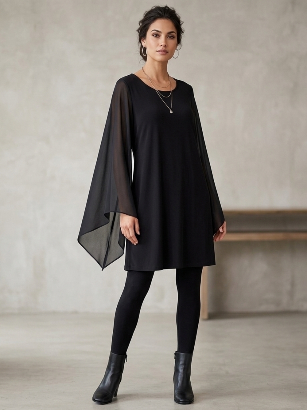 connected apparel Black Long-Sleeve Chiffon Panel A-Line Dress Size 16